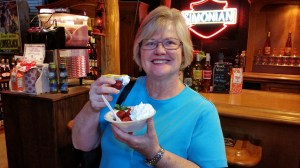 Charlene is enjoying FREE strawberries and cream. This winery was giving it away to people visiting their store