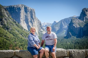 Charlene and Ed at Tunnel View with El Capitan, Half Dome, and Bridalveil Fall behind them.