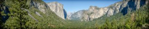 This is a merged panorama photo of 5 different photos across Yosemite Valley