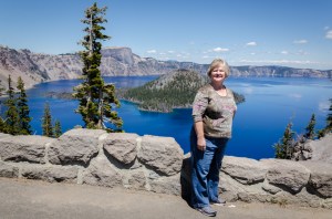 Charlene with Wizard Island in the background.