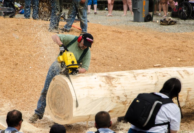 Who can use their chain saw to saw through this log the fastest?