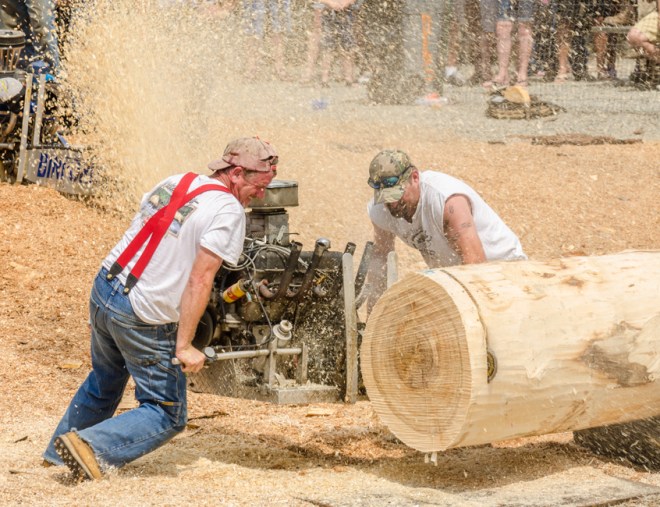 Sawdust flies everywhere as the car engine - chain saw slices through wood as I would cut paper with scissors. Impressive!